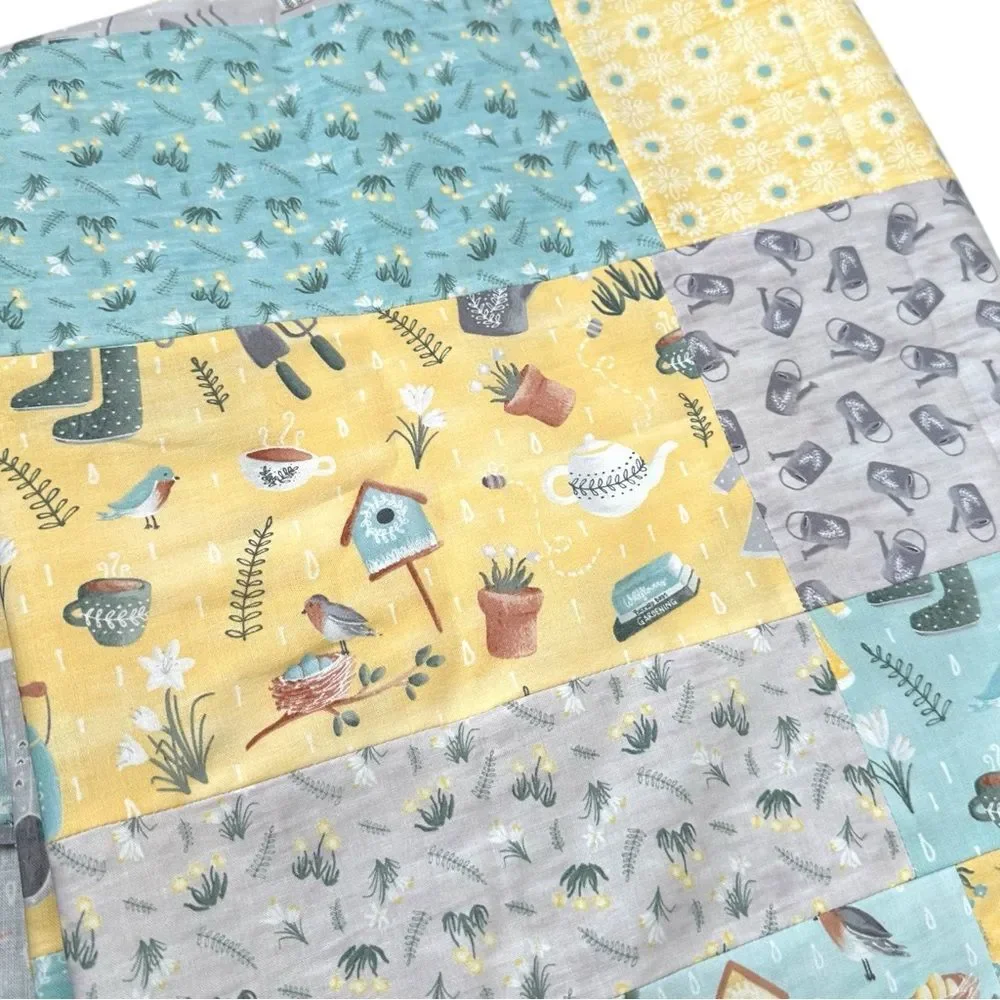 Handmade Large yellow gray blue Spring garden Print Bedroom Decor Quilt topper